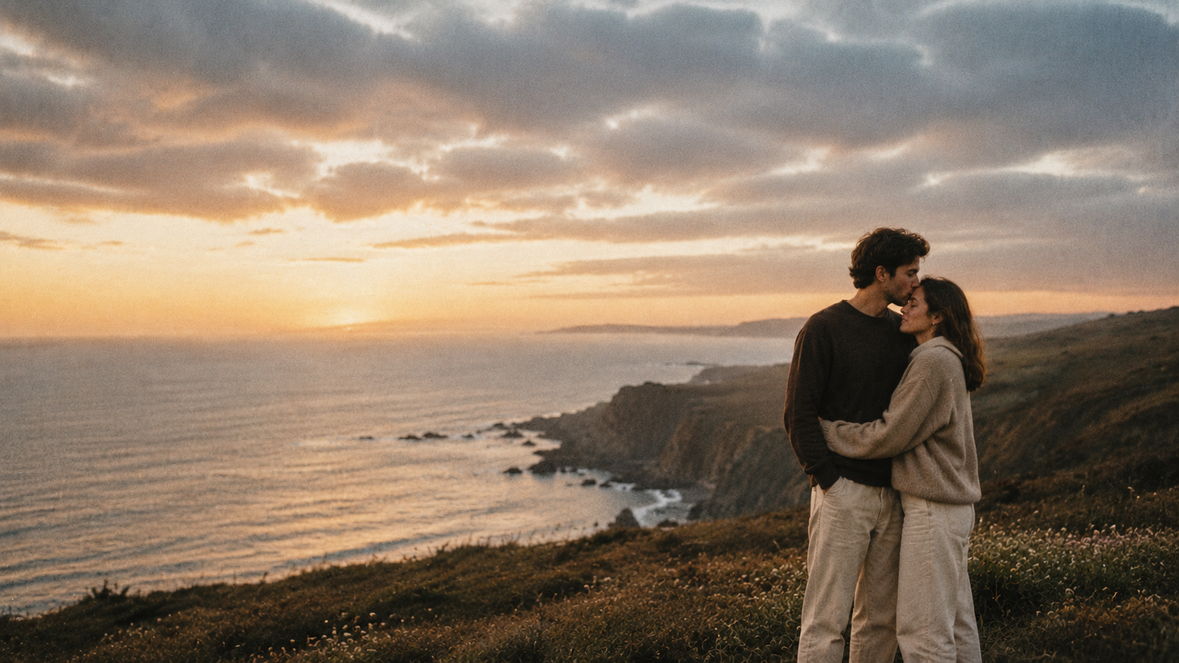 Pareja abrazada en un acantilado frente al mar durante el atardecer