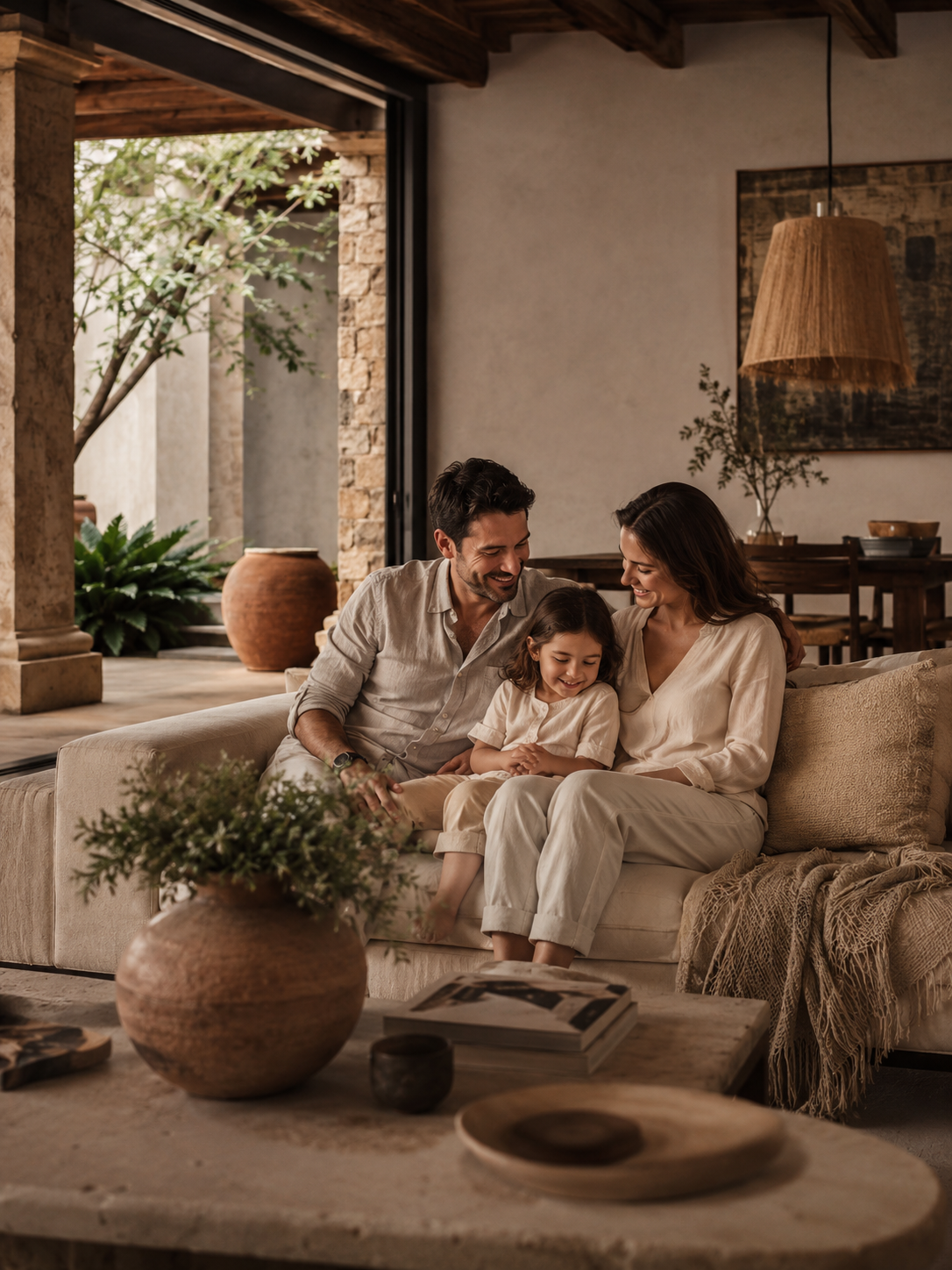 Familia sentada en el sofá de la sala de su casa
