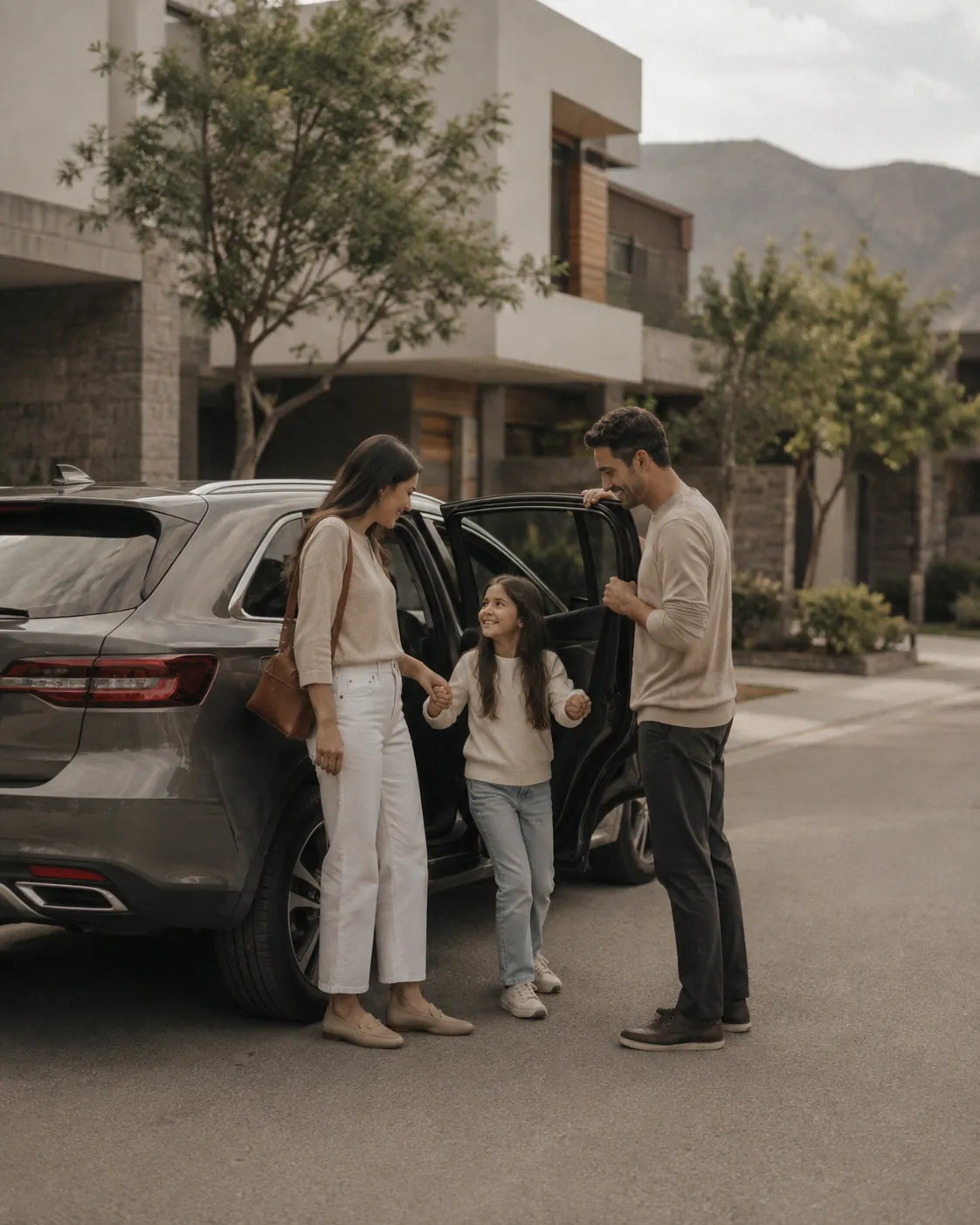 Familia con su hija subiendo a su automóvil frente a casa